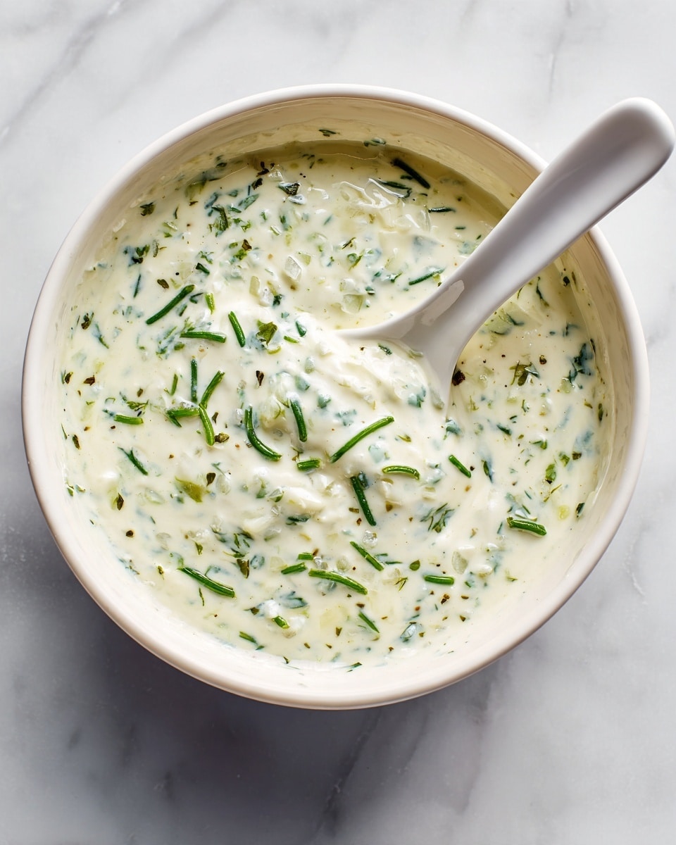 A close-up top view of a white bowl filled with a creamy white sauce mixed with small green herb bits and small white chunks, showing a thick and textured consistency. A white spoon rests inside the bowl on the right side, partly submerged in the sauce. The bowl is placed on a white marbled surface, giving a clean and simple background with soft natural light enhancing the fresh and smooth appearance of the sauce. photo taken with an iphone --ar 4:5 --v 7
