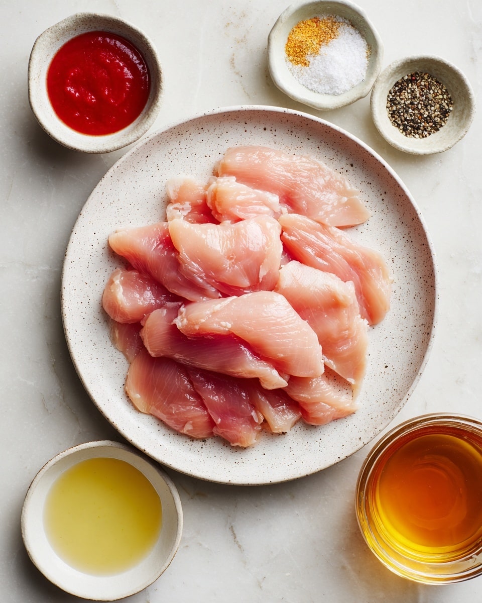A round white speckled plate filled with several light pink raw chicken strips, layered loosely and slightly overlapping, sits at the center on a white marbled surface. Around the plate are four small bowls: one contains a smooth bright red sauce, another holds a mix of black pepper, white granulated salt, and a pale yellow powder, the third bowl has a light yellow clear liquid, and the last one is filled with a golden amber syrup, all placed neatly around the plate. The colors are soft and natural, enhancing the freshness of the ingredients. Photo taken with an iphone --ar 4:5 --v 7