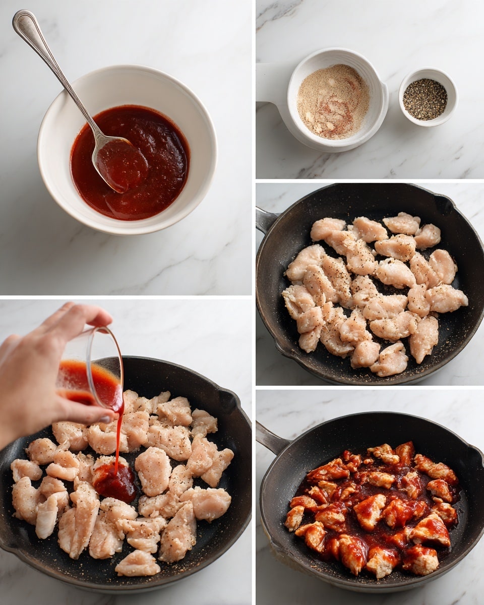 The image shows six smaller images arranged in two rows and three columns, depicting the process of cooking chicken tenders in a black cast-iron pan on a white marbled surface. The top left image displays a small white bowl filled with red sauce with a silver spoon inside. The top right image presents a small white bowl with light brown sugar and black pepper. The middle left image shows raw pale pink chicken tenders lying flat in the pan with some light seasoning. The middle right image features the chicken tenders turned white and cooking on the pan with visible black pepper. The bottom left image captures a woman's hand pouring the red sauce over the partially cooked chicken tenders in the pan. The bottom right image displays the chicken tenders fully coated in a glossy, darker reddish-brown sauce, still in the pan. Photo taken with an iphone --ar 4:5 --v 7