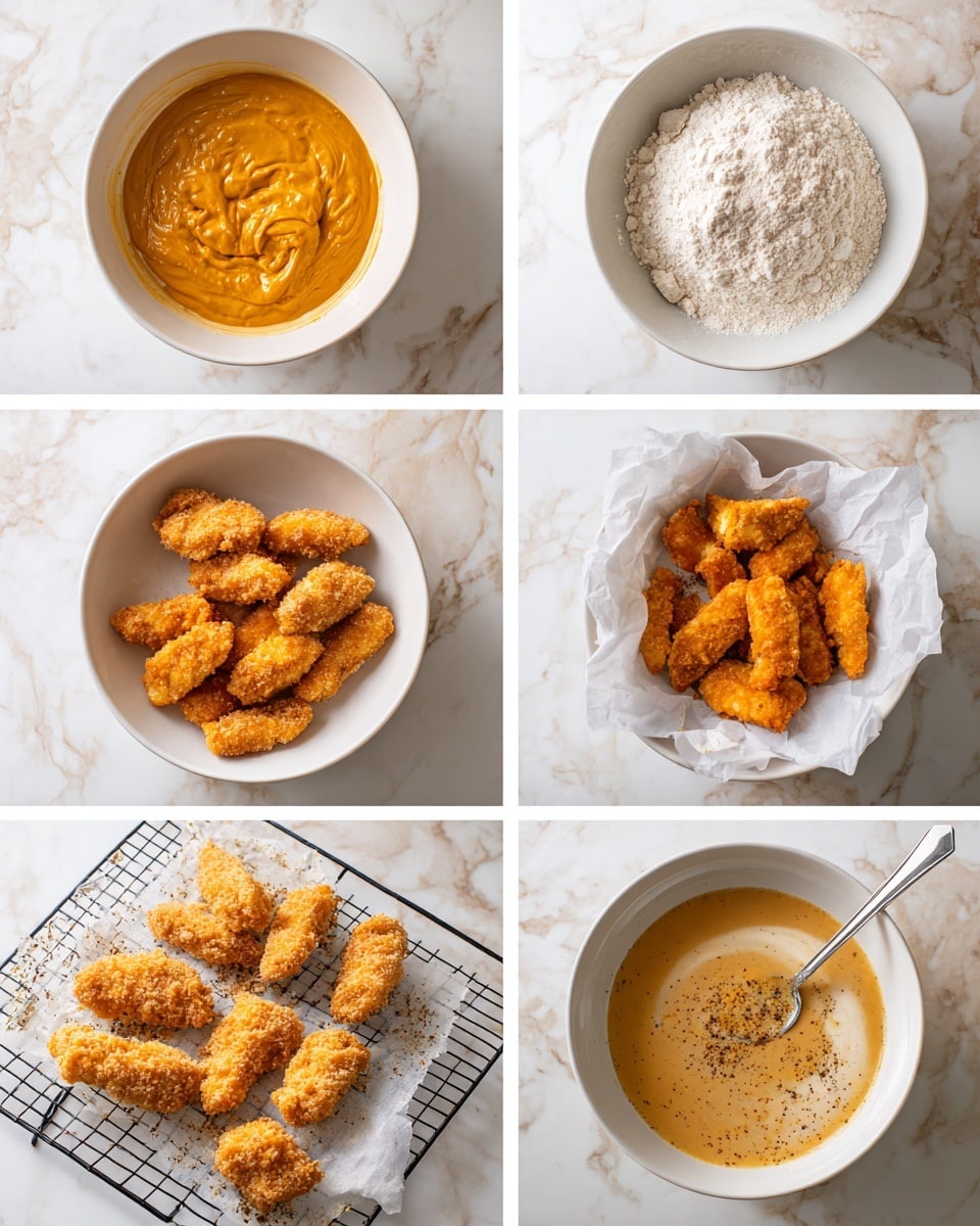 The image shows six steps of making fried chicken strips arranged in a 3x2 grid on a white marbled surface. The first step, top left, is a white bowl filled with raw chicken pieces covered in a light orange smooth batter. The second step, top center, shows a white bowl with raw chicken pieces covered in white flour. The third step, top right, shows the chicken pieces dipped in a white liquid, partially coated. In the fourth step, bottom left, the coated chicken pieces are placed on a black wire rack on the white marbled surface, showing a rough texture from the flour coating. The fifth step, bottom center, is a white bowl lined with white paper filled with golden brown crispy fried chicken strips. The sixth step, bottom right, is a white bowl containing a mixed sauce with mayonnaise, ketchup, and black pepper, and a silver spoon in the bowl. photo taken with an iphone --ar 4:5 --v 7