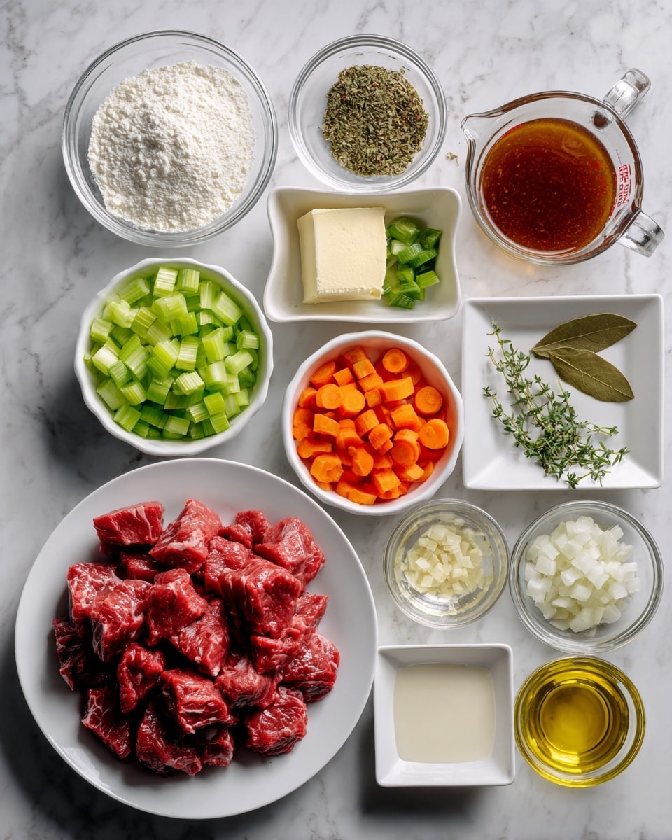 The image shows various cooking ingredients arranged neatly on a white marbled surface. In the center, a white plate holds raw red meat chunks. Surrounding this plate are small white bowls containing diced green celery, sliced orange carrots, chopped white onions, and fresh green herbs. Other clear glass bowls contain white flour, a rich red paste, and finely minced garlic. A small cube of butter rests beside a square white dish holding dried herbs and spices, including bay leaves. There are two clear glass measuring jugs, one filled with a brown liquid and the other with a darker liquid. A small bowl contains golden olive oil, and another has a white creamy liquid. The items are all well spaced and captured clearly. Photo taken with an iphone --ar 4:5 --v 7