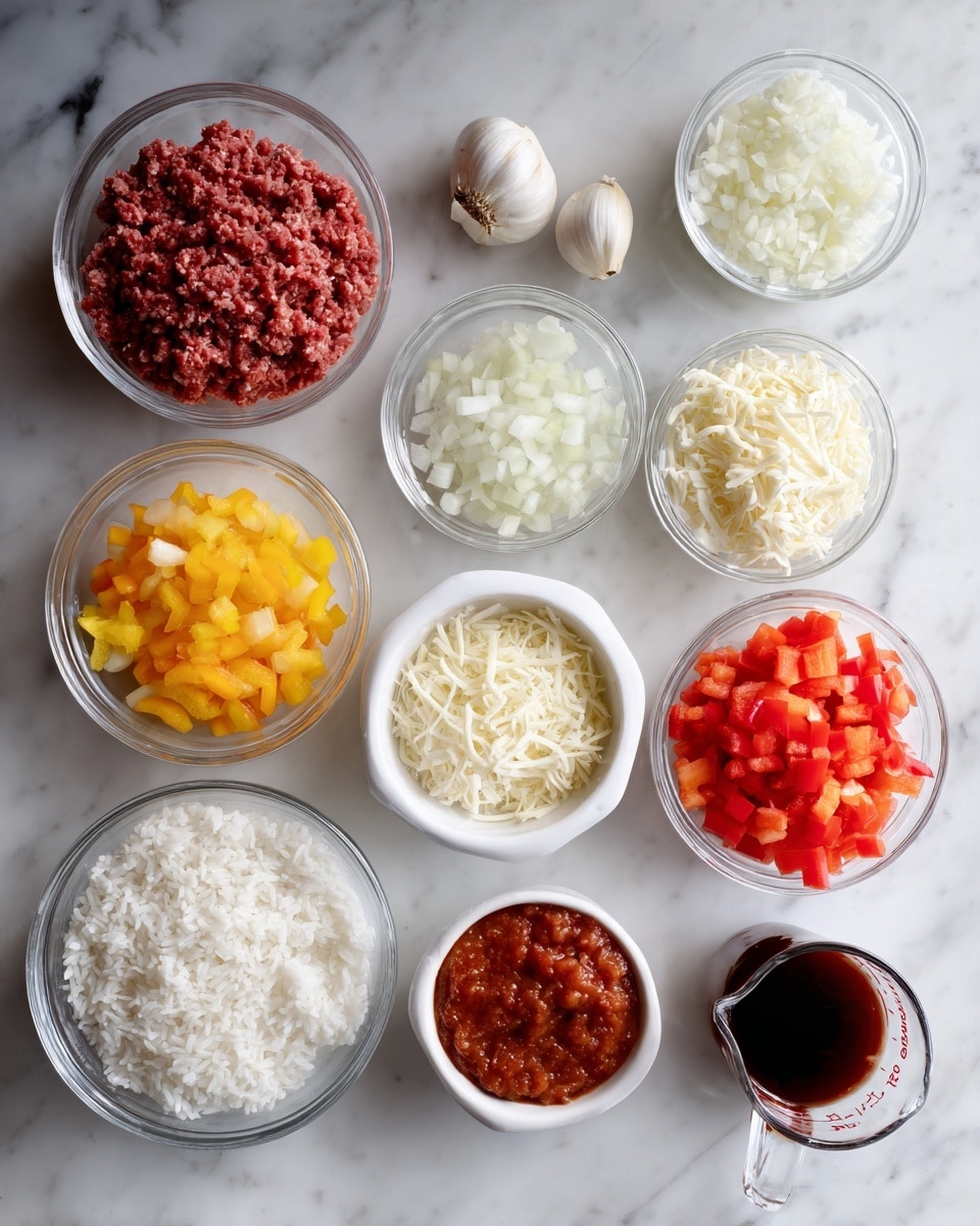 The image shows a white marbled surface with nine small clear and white bowls arranged neatly in a loose grid. In the top row, from left to right, there is a clear bowl filled with red ground meat, two garlic cloves beside it, a clear bowl with small white onion pieces, and a clear bowl with shredded pale yellow cheese. The middle row has a white bowl with diced yellow bell peppers, a clear bowl filled with white rice, and a white bowl with chopped red bell peppers. The bottom row features a white bowl with chopped orange bell peppers, a small clear bowl with a thick red sauce, and a clear measuring cup filled with dark brown liquid. Photo taken with an iphone --ar 4:5 --v 7