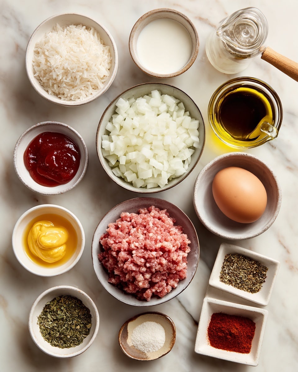 The image shows twelve small white and gray bowls arranged neatly on a white marbled surface, each holding an ingredient for cooking. The center has a white bowl full of chopped white onions, to the right is a bowl with raw minced pink meat, next to it is a raw brown egg in a small bowl, and a bowl with white rice. Above the egg is a small bowl with milk, and next to it a glass container with olive oil with a wooden handle. Surrounding these are smaller bowls with minced garlic, yellow mustard, red ketchup, a dark soy-like sauce, a red powdered spice mix, and a square dish with various dried green and white spices. The photo taken with an iphone --ar 4:5 --v 7