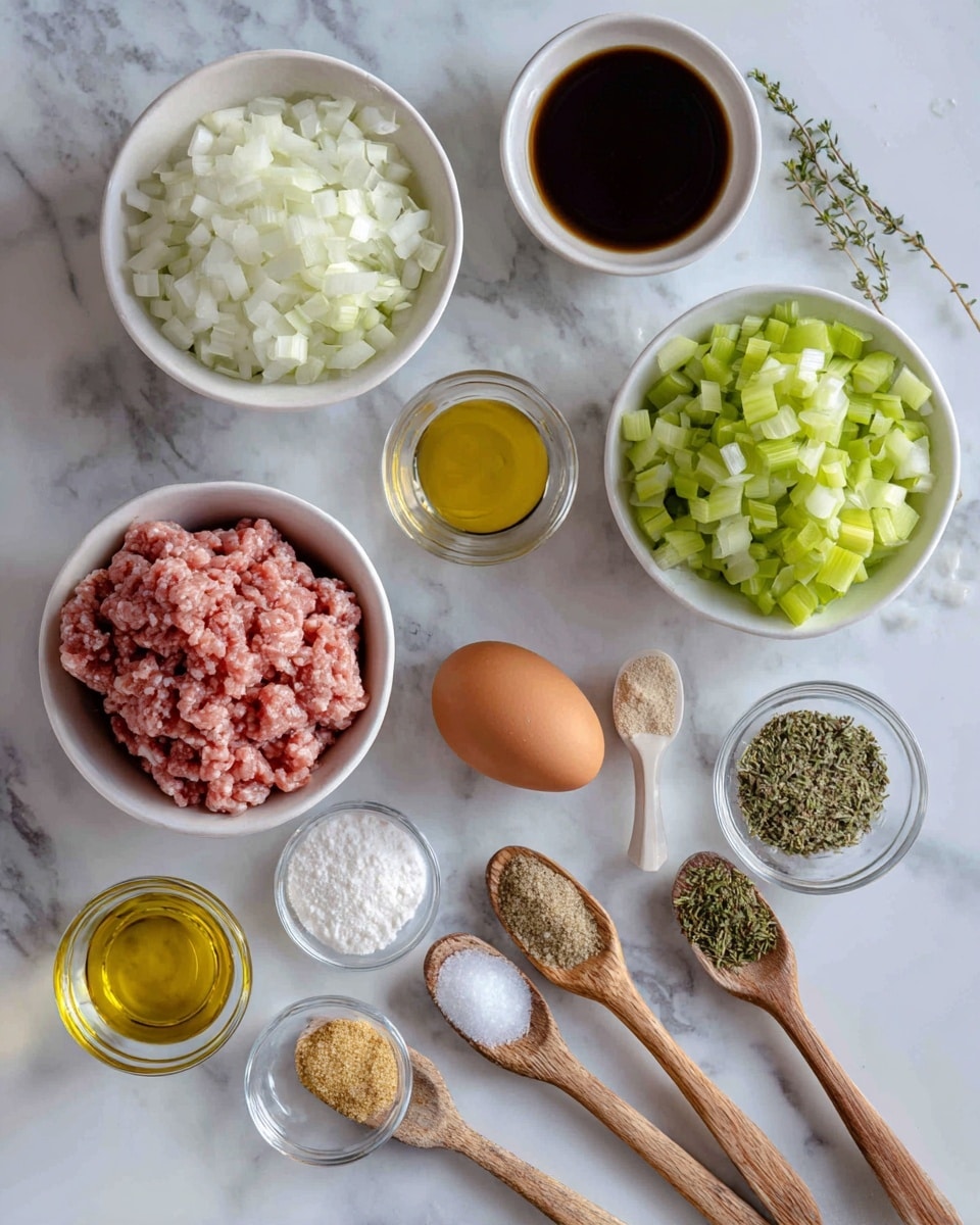 The image shows an overhead view of raw ingredients arranged neatly on a white marbled surface. There are four small white bowls: one with chopped white onions, one with raw ground pink meat, one with light green chopped celery, and one with a raw brown egg. Surrounding these are small glass bowls and measuring spoons holding yellow mustard, white breadcrumbs, amber liquid (possibly soy sauce), golden oil, and three wooden spoons with green dried herbs, light brown powder, and white salt. Each ingredient is clearly visible and well spaced. photo taken with an iphone --ar 4:5 --v 7