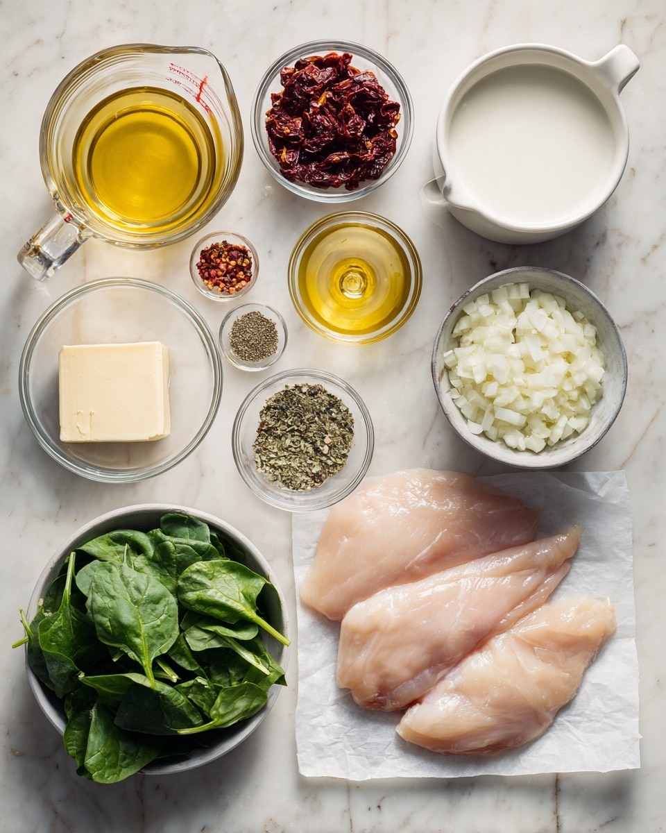 The image shows a white marbled surface with ingredients neatly arranged in a grid. Four raw chicken fillets are placed on white parchment paper in the bottom right corner. To the left, there is a clear glass measuring cup with yellow broth. Above it, a small square of butter sits on white parchment. Above the butter is a small glass bowl of olive oil, followed by a small bowl of minced garlic. Directly above the chicken are chopped white onions in a clear glass bowl. Nearby, there are small bowls containing dried herbs, black pepper, and red chili flakes. In the top left corner, a bowl of dried tomatoes is visible. A large white bowl filled with milk is at the top right, next to a small bunch of fresh green spinach leaves. The surface is clean and bright, displaying each ingredient clearly. Photo taken with an iphone --ar 4:5 --v 7