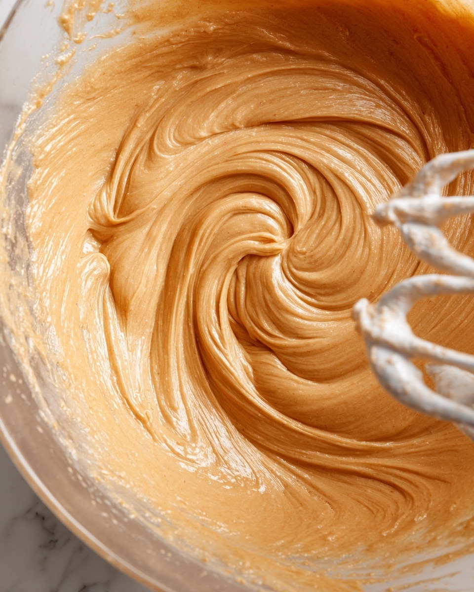 The image shows a close-up view of a thick, smooth light brown batter being mixed in a clear glass bowl. The batter has creamy swirls and a slightly shiny texture, with a white electric mixer’s beaters partially visible on the right side, covered in the batter. The background is a white marbled texture. The thick batter fills the bowl almost to the edges, and the motion of mixing is captured in the swirling patterns. Photo taken with an iphone --ar 4:5 --v 7