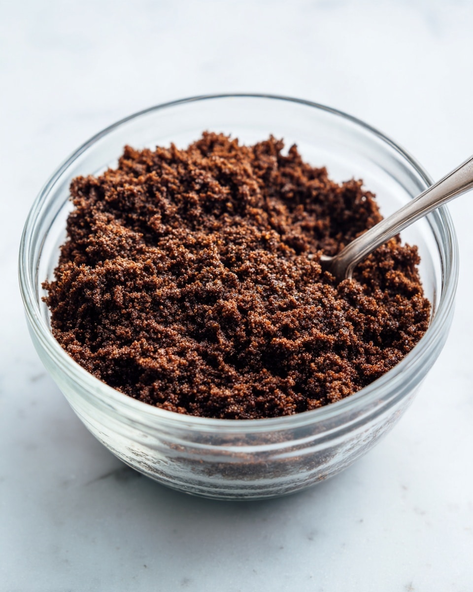 A clear glass bowl filled with a crumbly, dark brown mixture, showing a grainy texture with small clumps throughout. A metal spoon is partially submerged on the right side, blending into the mixture. The bowl sits on a white marbled surface, giving a clean and bright background to the food. The focus is close to the bowl, capturing the texture of the mixture clearly, with soft natural lighting highlighting the varied shades of brown. photo taken with an iphone --ar 4:5 --v 7