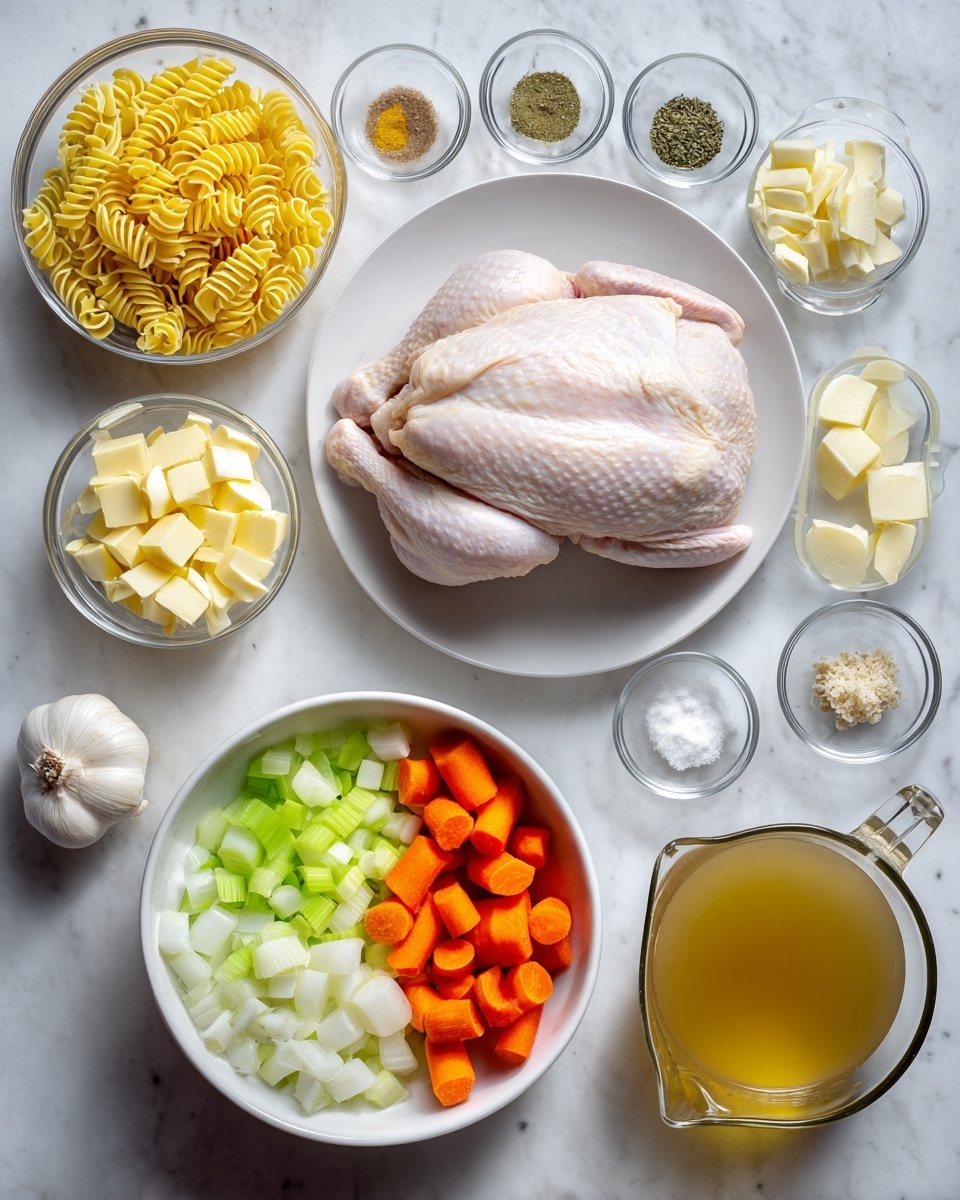 The image shows an overhead view of various ingredients arranged neatly on a white marbled surface. In the center, there is a white plate holding a large piece of raw chicken. Below it, a white bowl contains chopped vegetables with orange carrots, light green celery, and white onions divided into separate sections. To the left, a clear glass bowl has curly yellow egg noodles. Above the chicken, small round dishes hold spices including dried herbs and ground powders. To the right, a glass measuring cup is filled with light brown broth. Also visible are small glass bowls with butter cubes, peeled garlic cloves, olive oil, and salt, all spread evenly across the white marbled background. Photo taken with an iphone --ar 4:5 --v 7