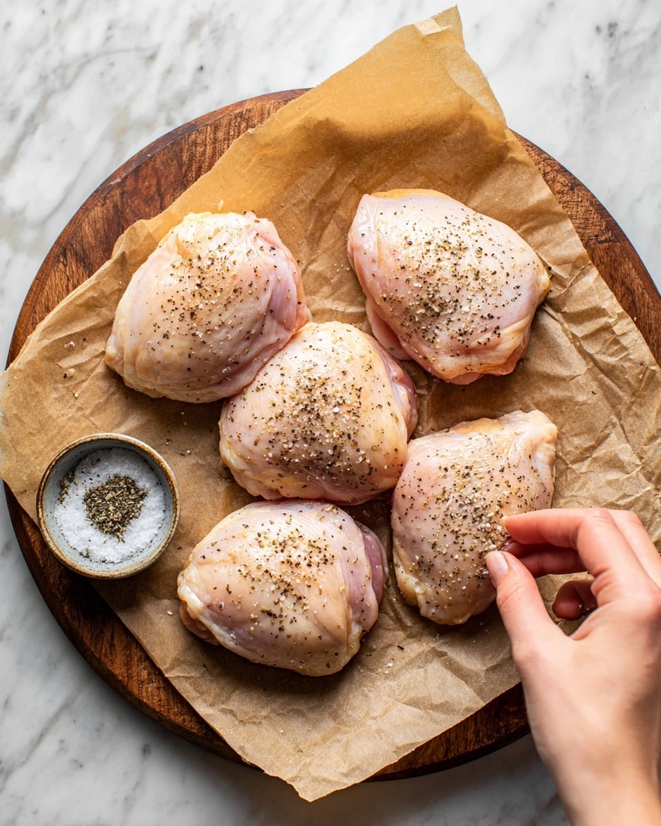The image shows four raw chicken pieces placed evenly on a piece of brown parchment paper that covers a wooden board. Each chicken piece is light pink with a smooth texture, sprinkled lightly with black pepper. In the bottom left corner of the board, there is a small round dish filled with salt and black pepper. A woman's hand is seen in the lower right corner, sprinkling seasoning on one of the chicken pieces. The background is a white marbled surface. photo taken with an iphone --ar 4:5 --v 7