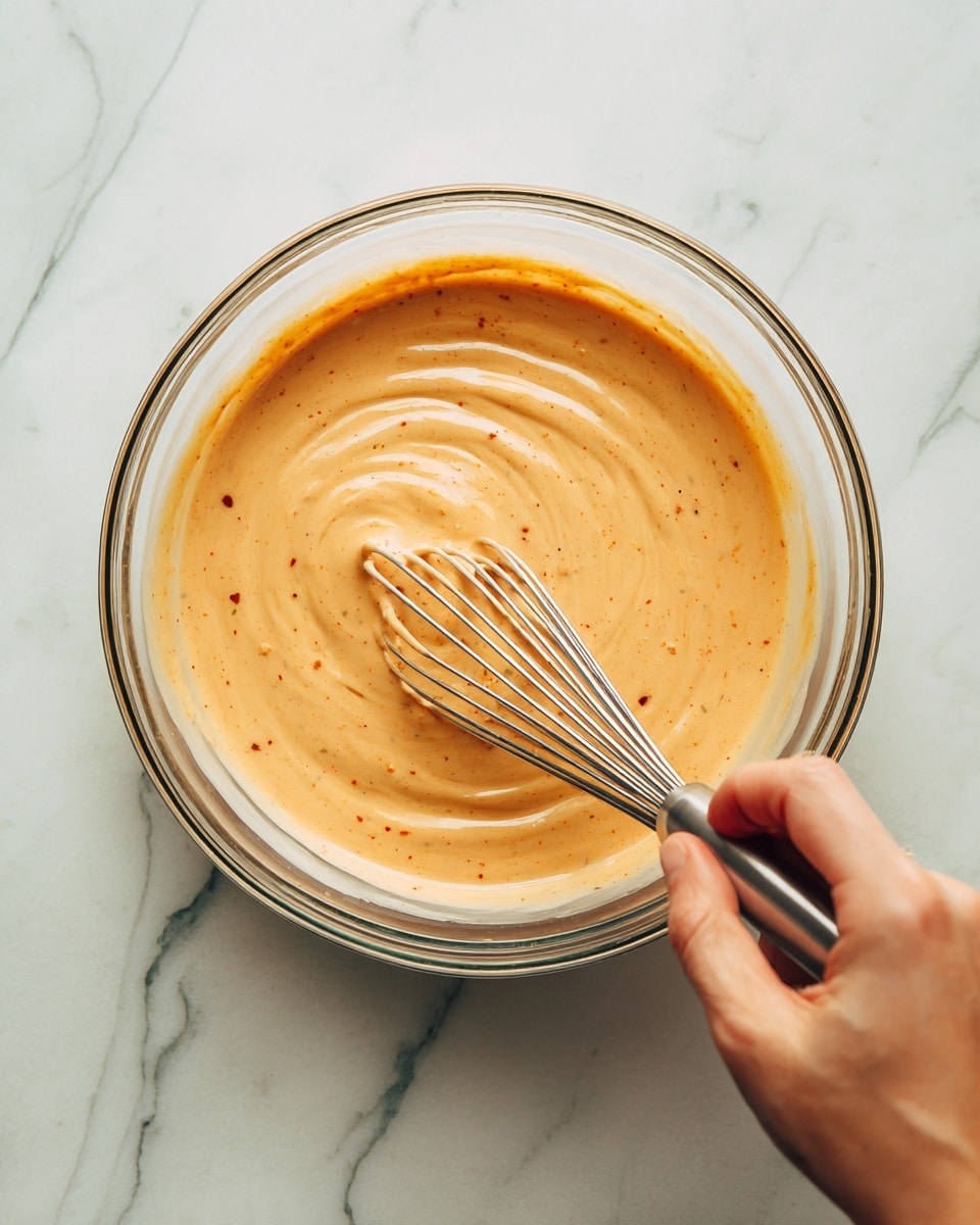 A clear glass bowl holds a creamy, light orange sauce with small bits of red and specks of seasoning throughout, giving it a slightly textured look. A woman's hand grips a silver whisk, stirring the sauce gently, creating swirls on the surface. The bowl sits on a white marbled surface that has soft grey streaks. The scene is bright and simple, showing the sauce's smooth yet slightly chunky texture clearly. Photo taken with an iphone --ar 4:5 --v 7