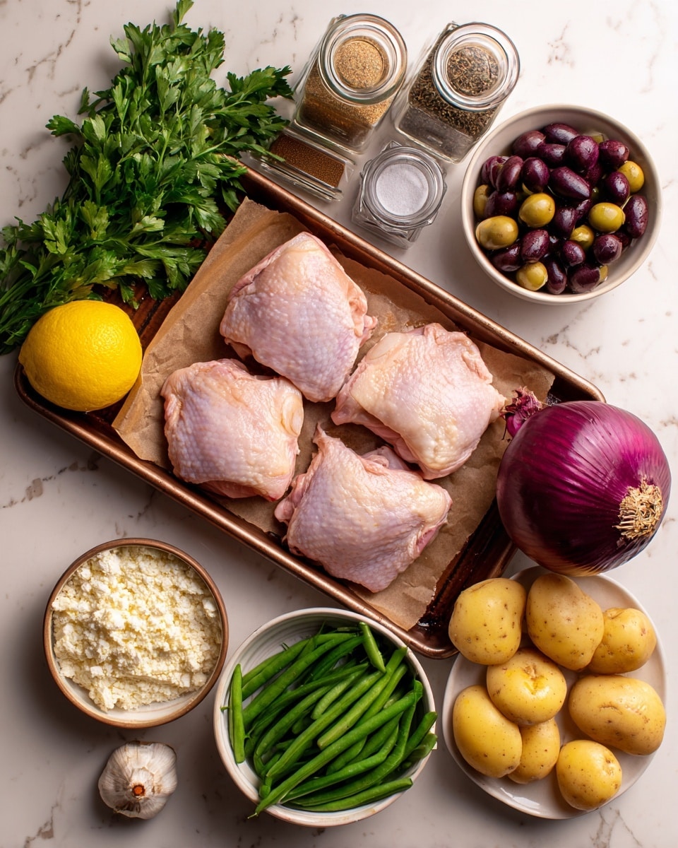 The image shows a white bowl filled with several raw light pink chicken thighs placed on a large rectangular baking tray with a bronze finish, which rests on a white marbled surface. Around the chicken are many ingredients: a bunch of fresh green parsley near two small glass jars of spices with brown and green powders, a whole bright yellow lemon, a small tan bowl of crumbly white cheese, a medium tan bowl of dark brown olives, a clear glass bowl full of fresh green beans, a small white bowl with three garlic cloves, several small yellow potatoes scattered across, and a whole red onion with its dry skin. The setup is well-lit and organized, focusing on fresh and colorful ingredients. photo taken with an iphone --ar 4:5 --v 7
