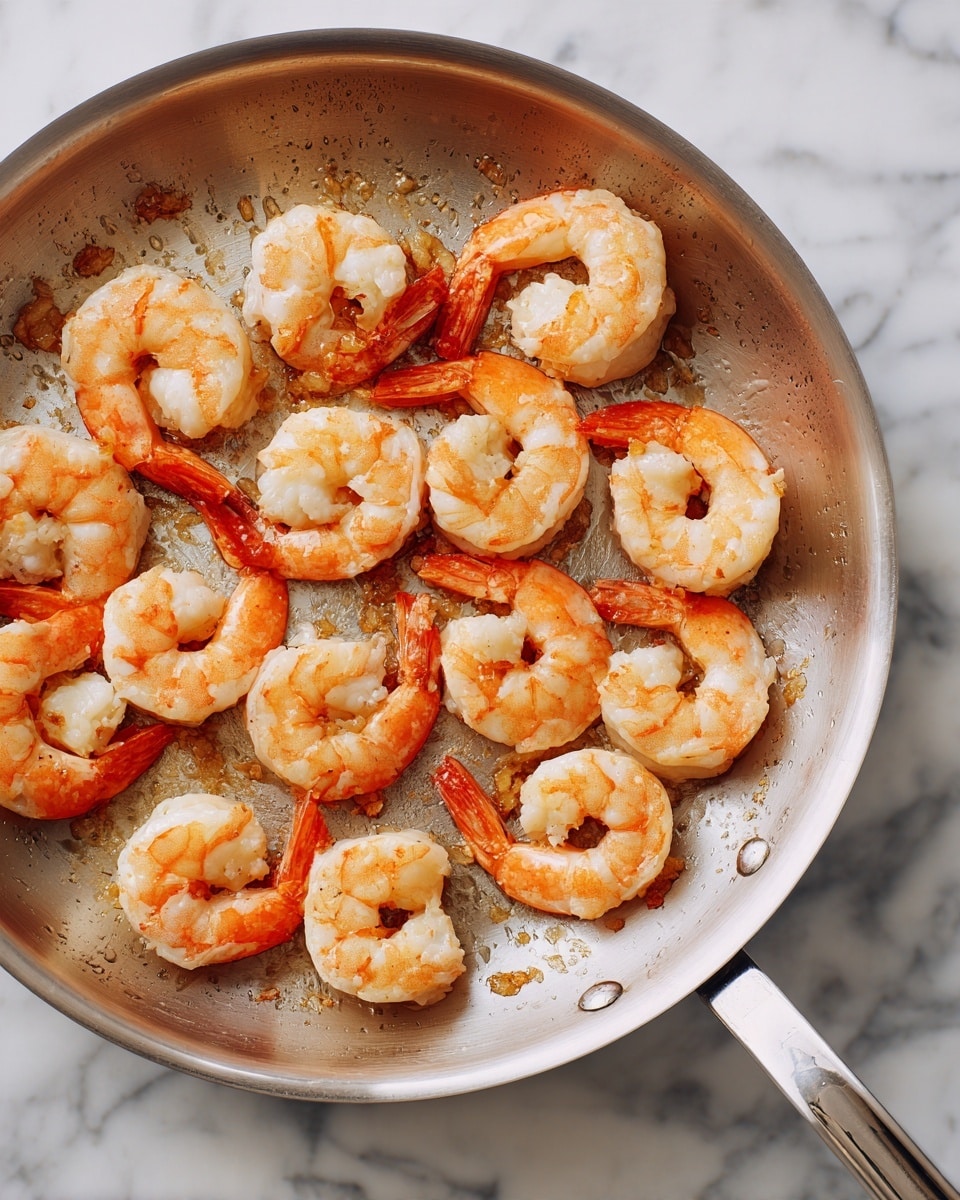 A silver metal frying pan filled with about twenty cooked shrimp arranged in a loose circular pattern. Each shrimp has a light pink and white body with a bright orange tail, showing a slightly shiny and firm texture. The pan shows light brown cooked bits stuck on the bottom around the shrimp. The background is a white marbled surface. Photo taken with an iphone --ar 4:5 --v 7