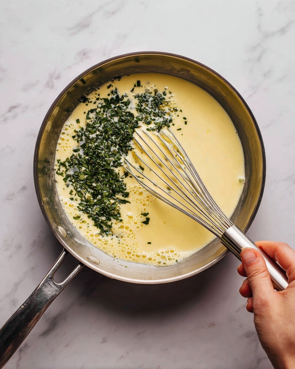A shiny silver pan holds a pale yellow creamy sauce with small bubbles on the surface. On one side of the sauce, there is a fresh green layer of chopped herbs spread unevenly. A silver metal whisk is partly inside the pan, touching the sauce, and a woman's hand is holding the whisk handle in the lower right corner. The pan is placed on a white marbled surface. Photo taken with an iphone --ar 4:5 --v 7