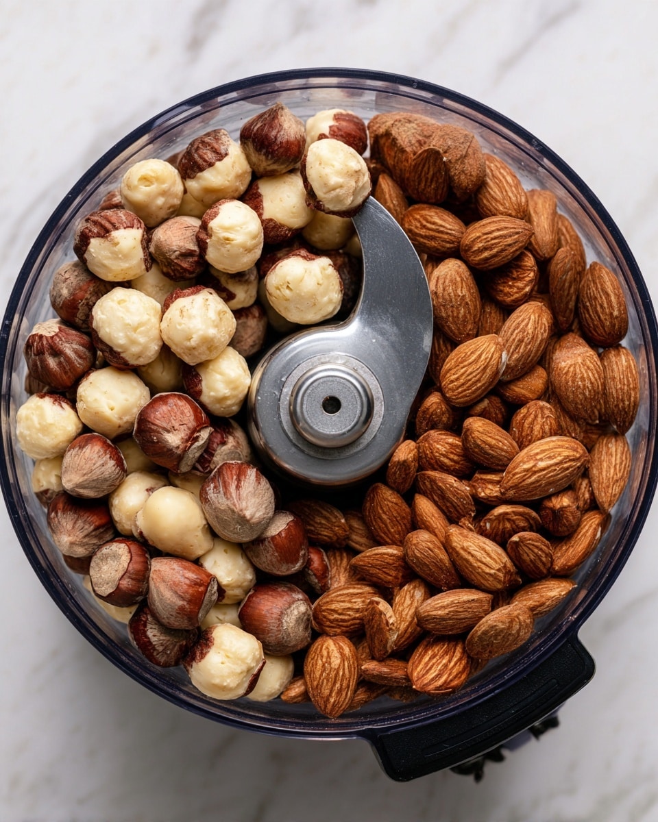 A top view of a black food processor filled with two types of whole nuts, arranged side by side inside the clear container. On the left side, there are many hazelnuts with brown and cream-colored shells that have a slightly rough texture. On the right side, there are many smooth brown almonds. The metal blade is visible in the center, curved and shiny. The food processor sits on a white marbled surface. photo taken with an iphone --ar 4:5 --v 7