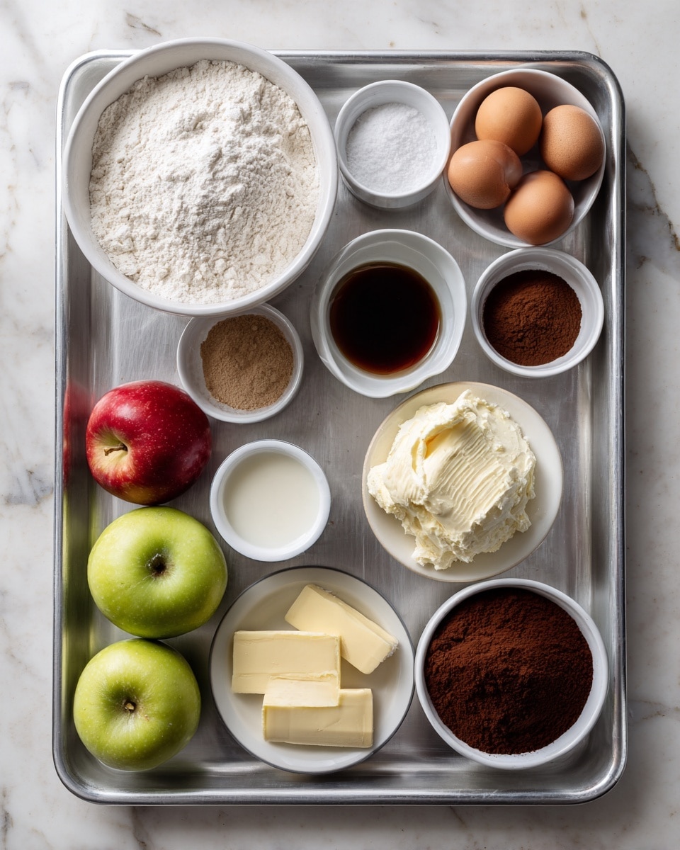 This image shows a silver baking tray with various white bowls and cups holding ingredients. In the top left, a large white bowl is filled with white flour. Around it are small white bowls: one with baking soda, one with salt, one with a white powder, one with cocoa powder, and one with dark liquid vanilla extract. Two brown eggs rest on the right side near a bowl of light brown sugar. A white bowl in the center holds soft cream cheese, and two halves of a light yellow butter stick are on the tray, one near the bottom left and one near the center right. Two apples, one green and one red, are placed near the bottom left. There is also a small white bowl with milk and another with vanilla near the bottom center. A larger white bowl with powdered sugar is at the bottom right, and a bowl of dark brown sugar is at the bottom left. The tray sits on a white marbled surface. photo taken with an iphone --ar 4:5 --v 7