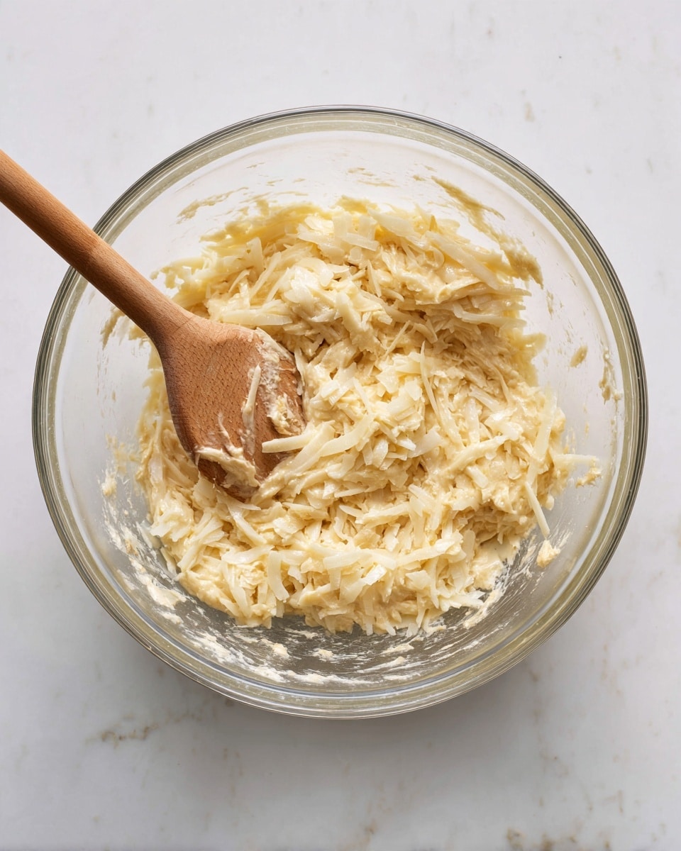 A clear glass mixing bowl holds a thick batter mixed with pale yellow shredded pieces, likely grated apples or vegetables. The batter is light beige and textured, with the shredded pieces spread mostly on top and to the sides. A wooden spoon with a smooth handle stands upright in the bowl, partially immersed in the mixture. The bowl sits on a white marbled surface with subtle grey veining, creating a clean and bright workspace photo taken with an iphone --ar 4:5 --v 7