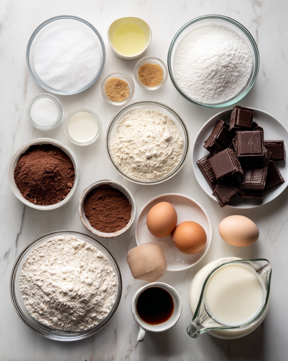 The image shows various baking ingredients laid out on a white marbled surface in a top-down view. There are eleven containers and items arranged with clear glass bowls holding white granulated sugar, white flour, and a pale yellow liquid, likely vegetable oil. Two small white bowls contain light brown sugar and a dark brown powder, possibly cocoa powder. Another three small white dishes hold white baking soda, salt, and baking powder. Two brown eggs sit between these bowls. A glass measuring cup contains dark chocolate chunks, positioned near a glass jug of cream and another jug of white milk. Lastly, a small cup with a dark liquid, likely vanilla extract, is visible, all neatly spaced without overlapping photo taken with an iphone --ar 4:5 --v 7
