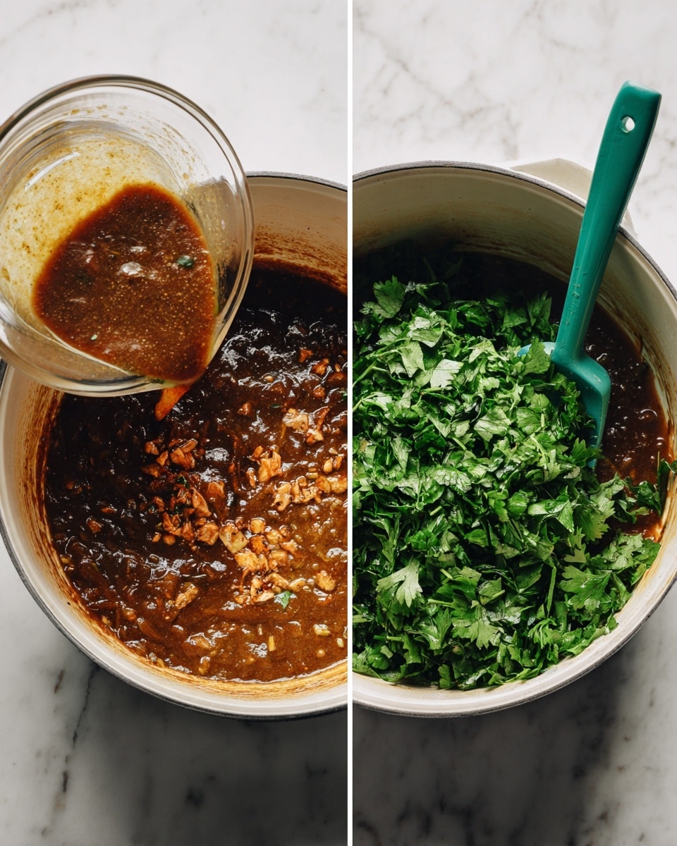 The first image shows a white pot with a brownish sauce inside, with small bits floating in the liquid. A clear glass container pours more sauce into the pot from the top left side. The second image shows the same white pot with the brown sauce, now topped with a big pile of bright green chopped leaves. A turquoise spatula rests inside the pot on the right side, partly under the green leaves. Both pots sit on a white marbled surface. photo taken with an iphone --ar 4:5 --v 7
