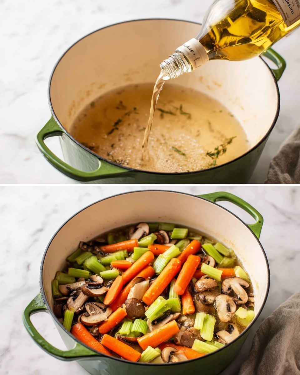 The first image shows a close-up of a white pot with a green handle on a white marbled surface, with a bottle pouring a clear golden liquid inside. The pot's inside is lightly stained with brown cooking marks. The second image shows the same white pot filled with sautéing mixed vegetables, including orange carrot slices, light green celery pieces, and brown mushrooms, all cooking in a light broth with steam rising. Both images have a bright, clean look with a white marbled background. photo taken with an iphone --ar 4:5 --v 7