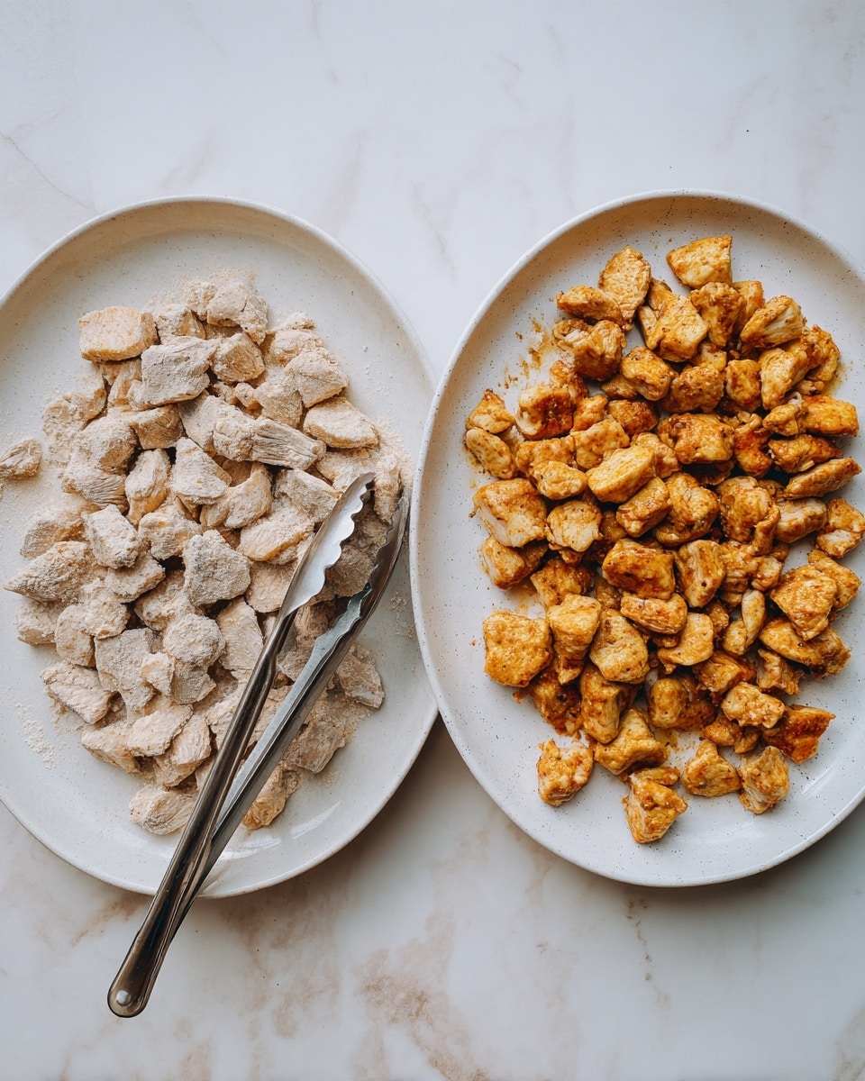 The image shows two white ceramic plates side by side on a white marbled surface. The left plate contains many small pieces of raw chicken coated with a light beige powdery mixture, with metal tongs placed on top. The right plate has similar small pieces of chicken, now cooked to a golden brown color, spread evenly across the plate. Both plates display a clear texture difference between raw and cooked chicken pieces. photo taken with an iphone --ar 4:5 --v 7