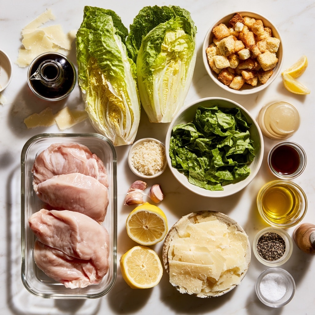 The image shows two dishes on a white marbled surface. On the left, there is a white plate with six grilled chicken pieces, each displaying dark grill marks and a golden-brown color with a slightly charred texture. The chicken pieces vary in size and shape, arranged loosely on the plate. On the right, there is a clear glass bowl filled with fresh green lettuce leaves mixed with light green and white pieces, topped with small golden croutons. A pair of black-tipped tongs rests inside the bowl, ready to serve the salad. photo taken with an iphone --ar 4:5 --v 7