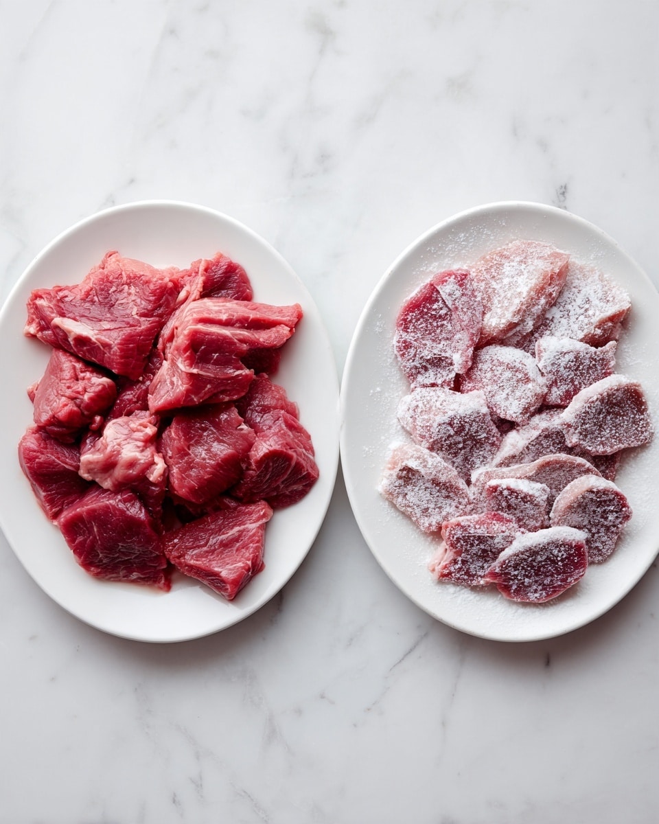 Two side-by-side white plates rest on a white marbled surface. The left plate holds a single layer of raw red meat slices with varied shapes and a smooth texture. The right plate shows a single layer of the same meat slices now covered with a light dusting of pale white flour, giving them a slightly rough and powdery look. photo taken with an iphone --ar 4:5 --v 7
