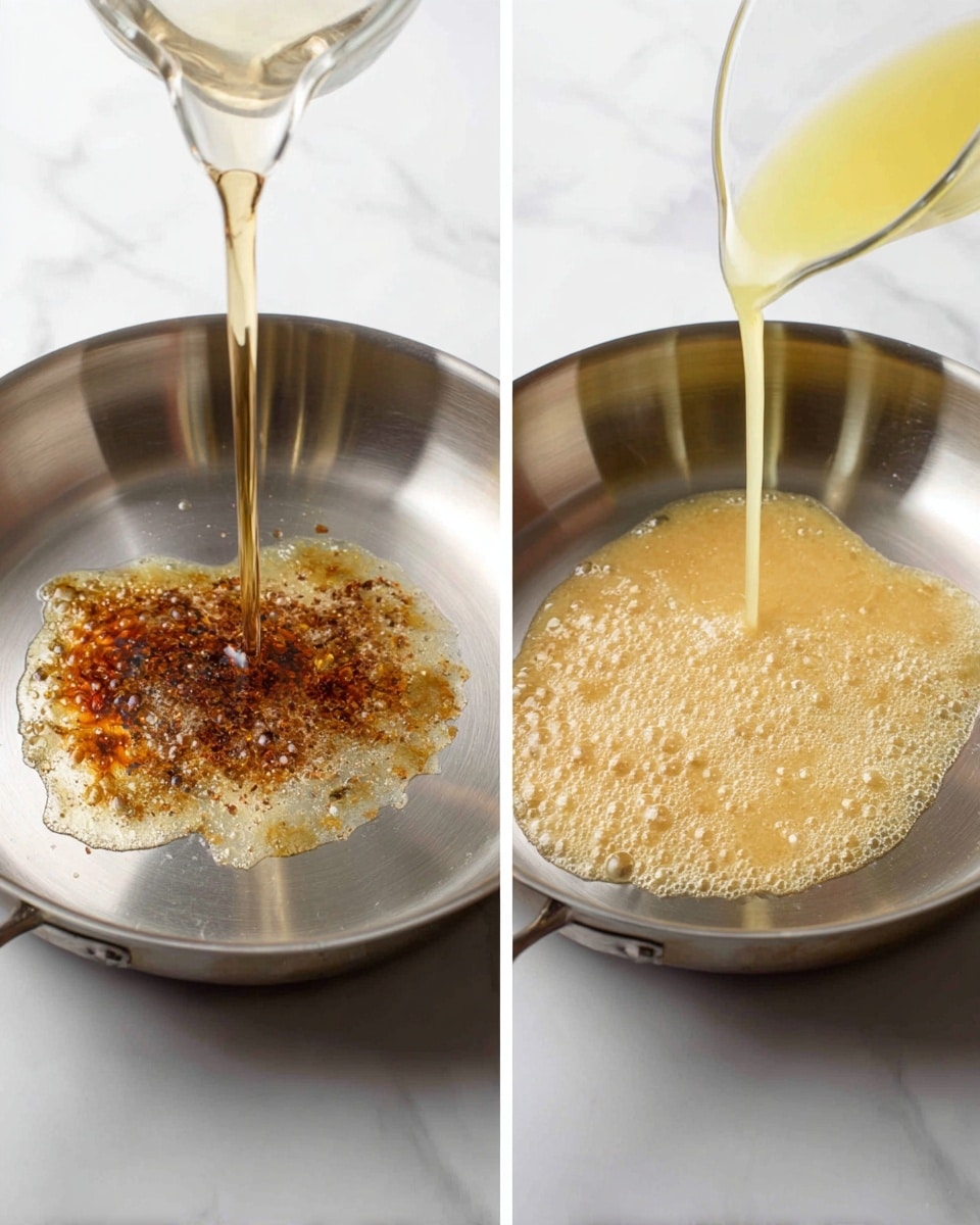 The image shows two top-down views of a silver metal pan on a white marbled surface. In the left part of the image, a clear liquid is being poured into the pan that has some brown bits and a shiny, oily texture forming a thin layer. In the right part of the image, a light yellow liquid is being poured into the same pan, which now has a bubbling liquid with a mix of pale yellow and brown colors, spreading across the pan's bottom. photo taken with an iphone --ar 4:5 --v 7