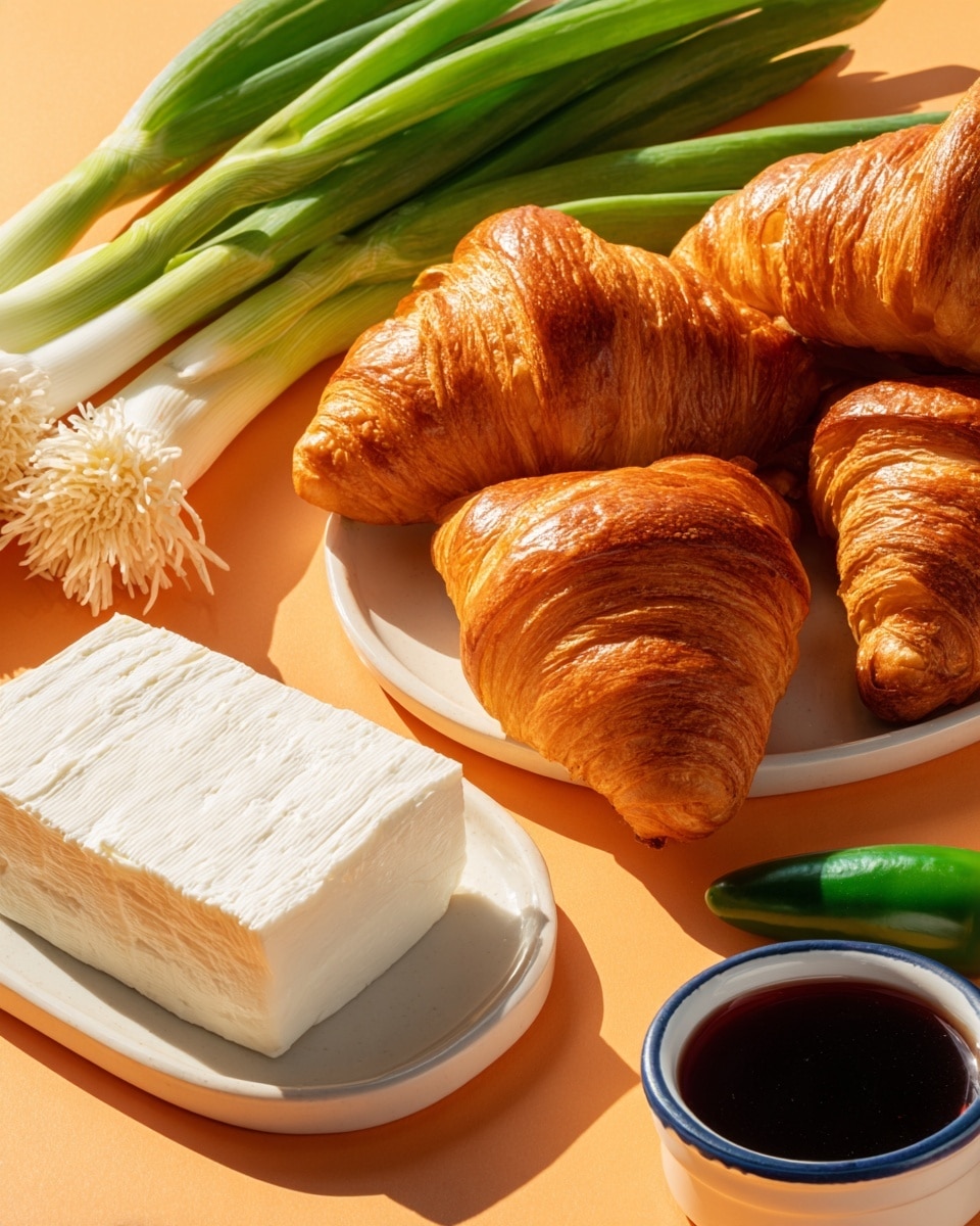 The image shows six golden brown croissants with a shiny, flaky crust placed on the top right of a smooth warm orange surface. To the left of the croissants, a bunch of fresh green onions with white bottoms lie diagonally. In the middle, a white plate holds a rectangular block of smooth, white cream cheese with slight texture on its surface. To the right of the plate, a small white bowl with a blue rim holds a dark red liquid. Below the bowl, a whole bright green jalapeño pepper sits on the surface. The overall setting has warm, inviting colors and crisp details photo taken with an iphone --ar 4:5 --v 7