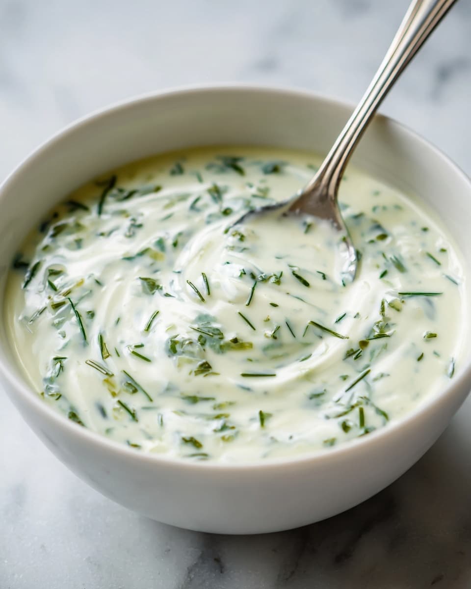 A close-up view of a white round bowl on a white marbled surface, filled with a creamy white sauce mixed with small green herb pieces evenly spread throughout. A silver spoon rests inside the bowl, partly submerged in the sauce, creating soft swirls and gentle peaks in the creamy texture. The sauce looks smooth and thick with a fresh, herb-filled appearance. Photo taken with an iphone --ar 4:5 --v 7