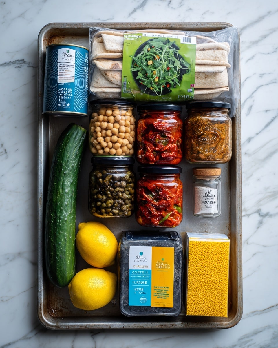 The image shows a collection of ingredients neatly arranged on a gray metal baking tray placed on a white marbled surface. At the top, there is a package of 6 soft white pitta breads with green and white packaging. Below it are four jars lined up: a blue and white can of chickpeas on the left, followed by three glass jars with black lids containing sundried tomatoes in red sauce, green capers, and chargrilled red peppers. To the left side of the tray, a long, dark green cucumber lies vertically next to a yellow box of chicken stock cubes. Below the chicken stock is a lemon, and next to it a container of Greek natural yogurt with blue and white labels. On the right, a bright yellow box of couscous stands upright next to a small clear grinder bottle of garlic and tomato seasoning. Above the couscous and seasoning, a plastic bag filled with wild rocket salad sits horizontally, showing dark green leaves inside. The overall look is fresh and organized. Photo taken with an iphone --ar 4:5 --v 7