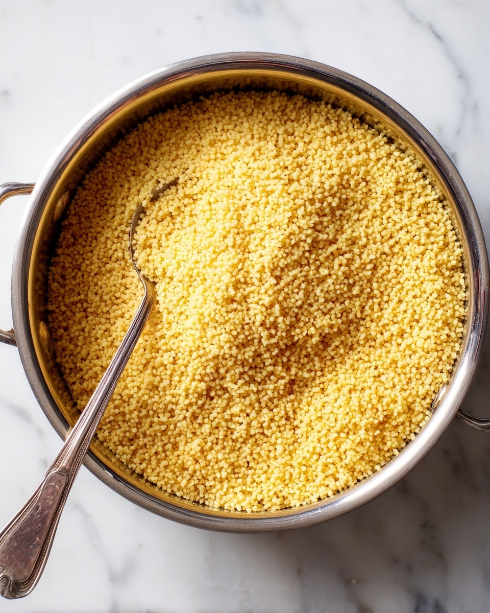 A close-up top view of a metal pot filled with cooked couscous, showing small, fluffy, yellow grains spread evenly inside. A silver spoon rests partially buried in the couscous near the left side, with the handle extending out of the pot. The pot sits on a white marbled surface, and the inside walls reflect some light, giving a slight shine. photo taken with an iphone --ar 4:5 --v 7