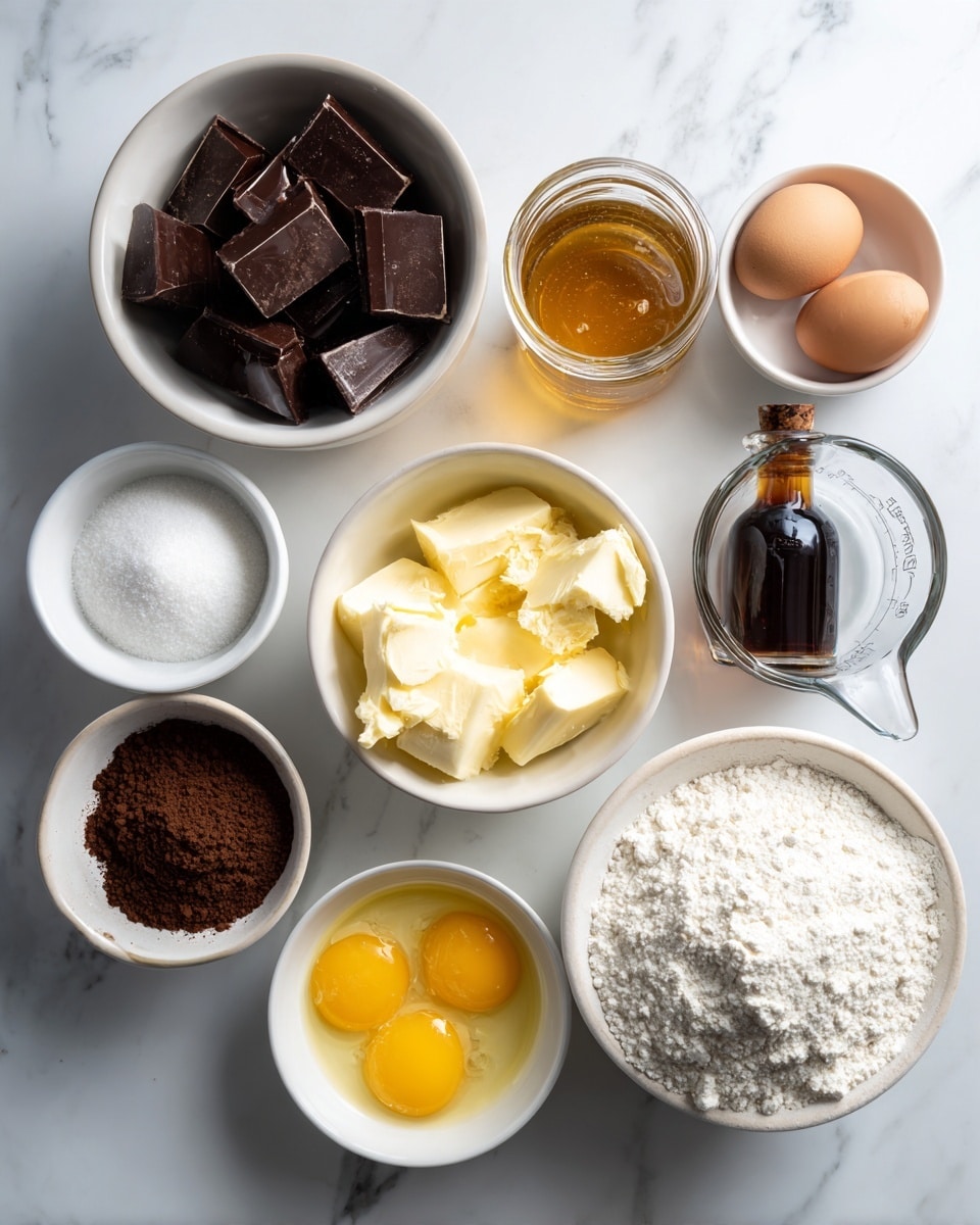 The image shows eight white bowls and a jar arranged on a white marbled surface. In the top center is a bowl filled with dark brown chocolate pieces, square and slightly textured. To the left of it is an open jar filled with smooth, golden honey. Below the jar, a bowl contains white granulated sugar, and next to it is a bowl with melted yellow butter, with small bubbles on the surface. To the right of the butter bowl is a small dark amber bottle labeled vanilla extract. Above the bottle is a bowl filled with white flour, and to the right of the flour bowl, part of a glass measuring cup with more white flour is visible. At the bottom left is a bowl with dark brown cocoa powder, finely ground and powdery, and to the right of it, a bowl with two raw eggs, showing yellow yolks and clear whites. The items are all neatly placed, with a bright and clean look. photo taken with an iphone --ar 4:5 --v 7