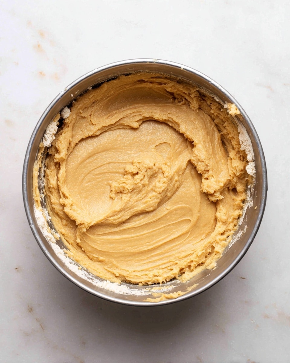 The image shows a metal bowl filled with a thick, smooth dough that has a light brown color. The dough has some uneven, softly textured areas where it has been mixed, with small patches of white flour visible on the sides of the bowl and within the dough. The bowl sits on a white marbled surface, which brightens the overall look. The dough fills about half of the bowl, with swirled marks from stirring visible on the surface. photo taken with an iphone --ar 4:5 --v 7