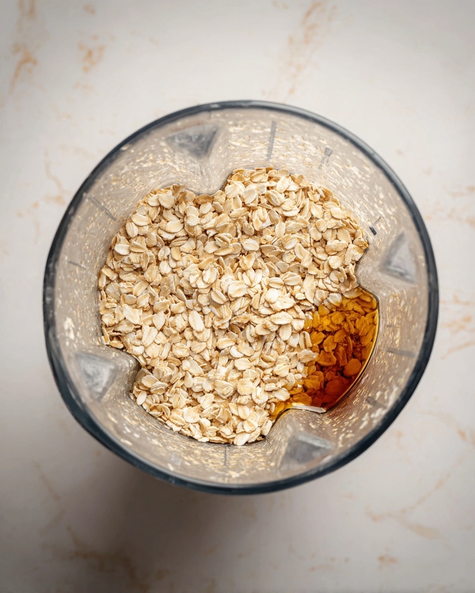 A clear blender jar is shown filled with a single layer of light beige rolled oats covering most of the base, with a small amount of amber-colored sticky honey visible near the upper-right side under the oats. The blender jar has a slightly frosted texture with visible measurement marks on the surface. The background features a white marbled texture photo taken with an iphone --ar 4:5 --v 7