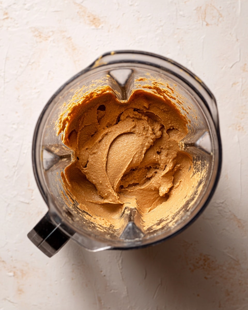A clear blender container filled with a light brown, thick and slightly chunky mixture, spread unevenly inside with some bits sticking to the sides. The texture looks creamy with small lumps mixed throughout, and the mixture covers the bottom and partway up the sides of the blender. The clear blender is placed on a white marbled surface, and the image is captured from above. photo taken with an iphone --ar 4:5 --v 7