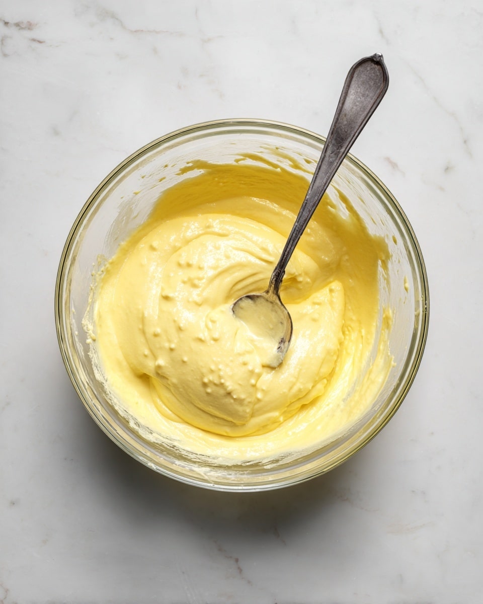 A clear round glass bowl filled with a thick, smooth yellow batter that has small lumps. A silver spoon rests on the right side inside the bowl, partially covered with the batter. The bowl sits on a white marbled surface with some batter smeared along the inside edge of the bowl. Photo taken with an iphone --ar 4:5 --v 7