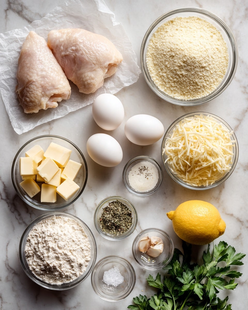 A top-down view of cooking ingredients arranged neatly on a white marbled surface, featuring two raw pale pink chicken pieces placed on white parchment paper on the left; two whole white eggs near the center; a large clear glass bowl filled with fine, light beige breadcrumbs at the top right; a smaller clear glass bowl of shredded pale yellow cheese beneath it; a bright yellow lemon on the right side; four cloves of garlic scattered nearby; a small clear bowl containing a mix of salt and ground black pepper; a separate small bowl with light yellow butter cubes; a medium clear bowl of white flour at the bottom left; another small clear bowl holding dried herbs; and a fresh bunch of green parsley leaves lying at the bottom right corner. photo taken with an iphone --ar 4:5 --v 7