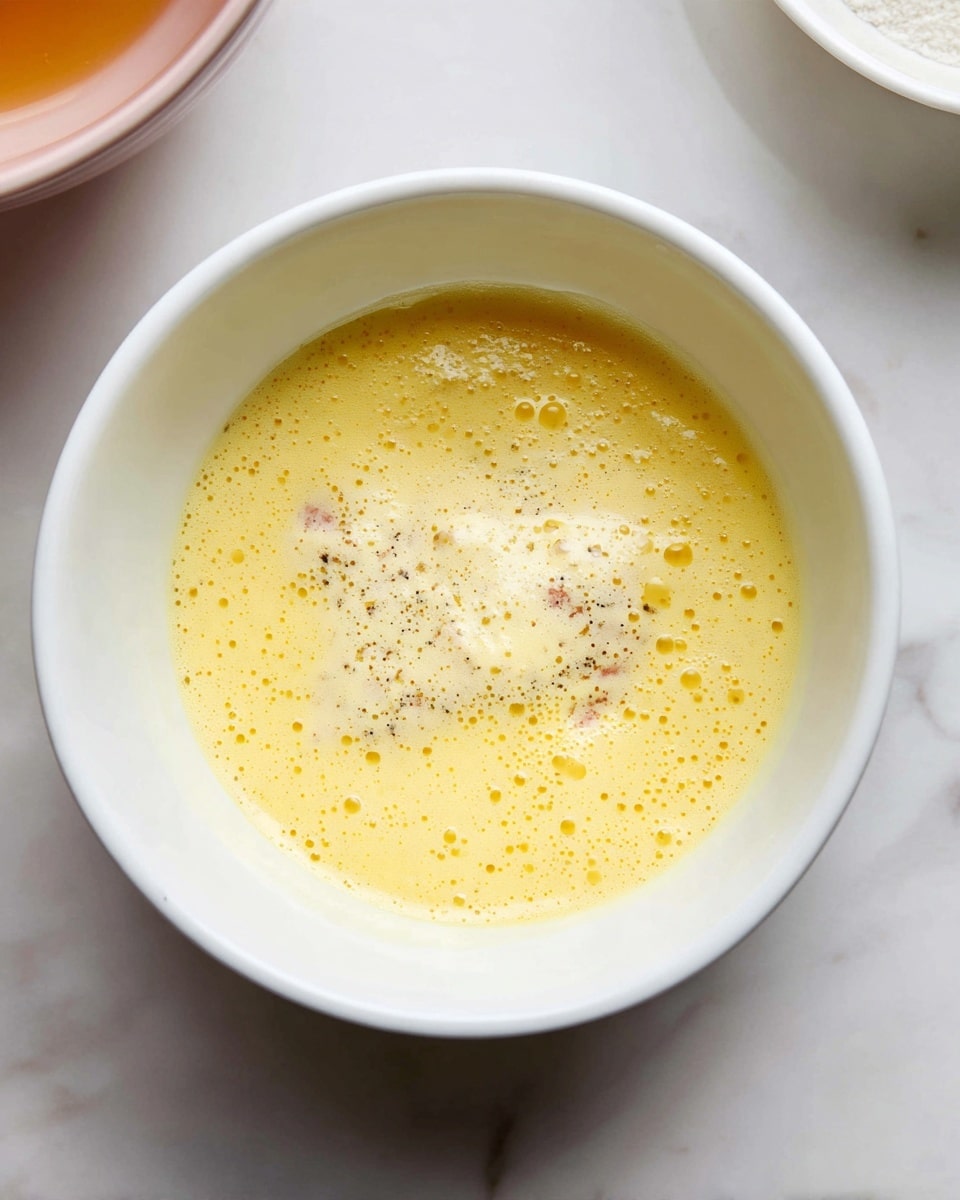 A white bowl holds a liquid light yellow egg mixture with small bubbles all over the surface. Inside the egg mixture, one piece of light pinkish meat with some white flour and specks of black pepper is partially dipped, creating a textured layer that contrasts with the smooth egg layer around it. The bowl is placed on a white marbled surface with another bowl partly visible in the top left corner. photo taken with an iphone --ar 4:5 --v 7