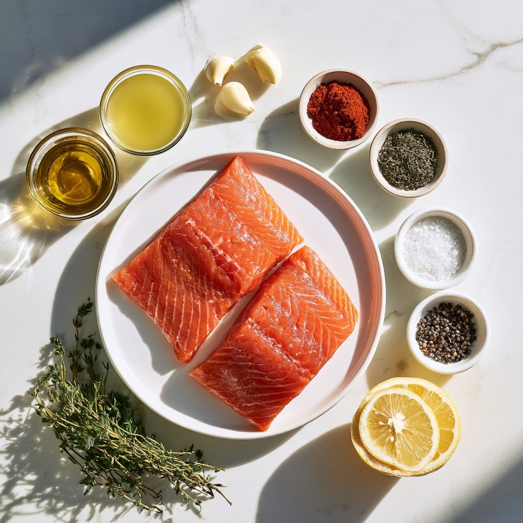 Two thick pieces of raw salmon fillet with a bright pink-orange color and white lines are placed side by side in a white plate with a thin black and brown rim. Each fillet is topped evenly with small pieces of chopped garlic and sprinkled with dried herbs, while a light brown sauce surrounds the salmon, soaking into the plate slightly. The plate sits on a white marbled surface. photo taken with an iphone --ar 4:5 --v 7