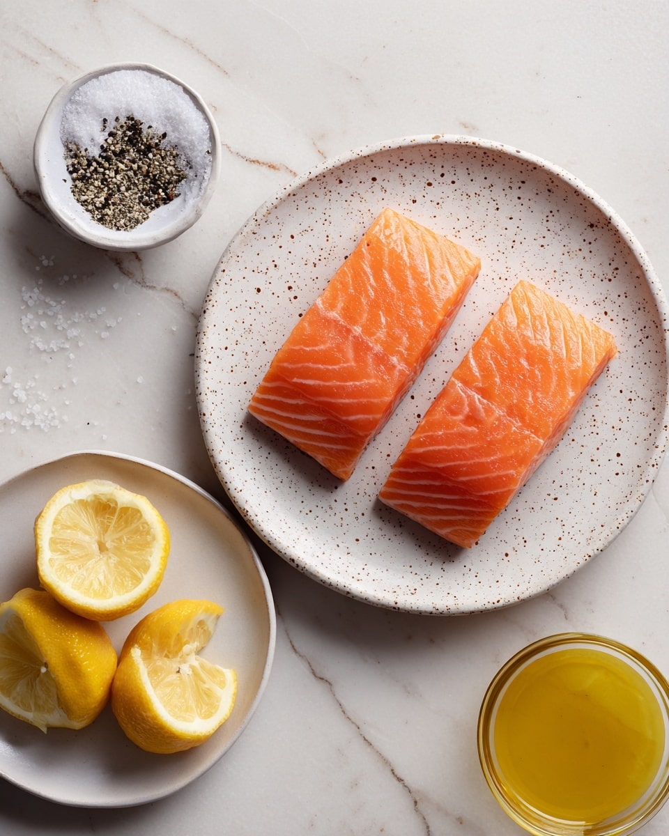 Two rectangular pieces of bright orange salmon are placed side by side on a speckled white plate, showing smooth and slightly textured surfaces with clear natural lines in the flesh. Above the plate, there is a small clear bowl filled half with coarse black pepper and half with white salt. Below to the left, a small white plate holds three lemon wedges with shiny yellow peel and juicy, pale yellow flesh visible. To the right below the plate, a clear bowl contains golden olive oil, showing a smooth reflective surface. All items are set on a white marbled texture. Photo taken with an iphone --ar 4:5 --v 7