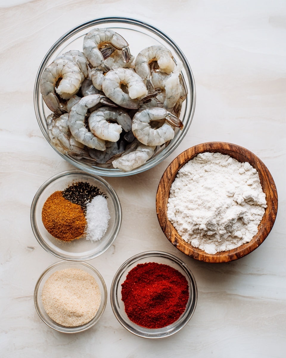 The image shows four bowls on a white marbled surface. The top bowl is clear glass filled with raw shrimp with gray and white shells, arranged in a loose pile. Below it, there is a clear glass bowl filled with white flour. To the right of the flour bowl, a small wooden bowl holds evenly split black pepper and white salt. At the bottom, a clear glass bowl contains three spices: light beige powder, bright red powder, and a slightly darker beige powder, each in separate sections, laid flat. The whole setup is neat and on a clean white marbled background photo taken with an iphone --ar 4:5 --v 7