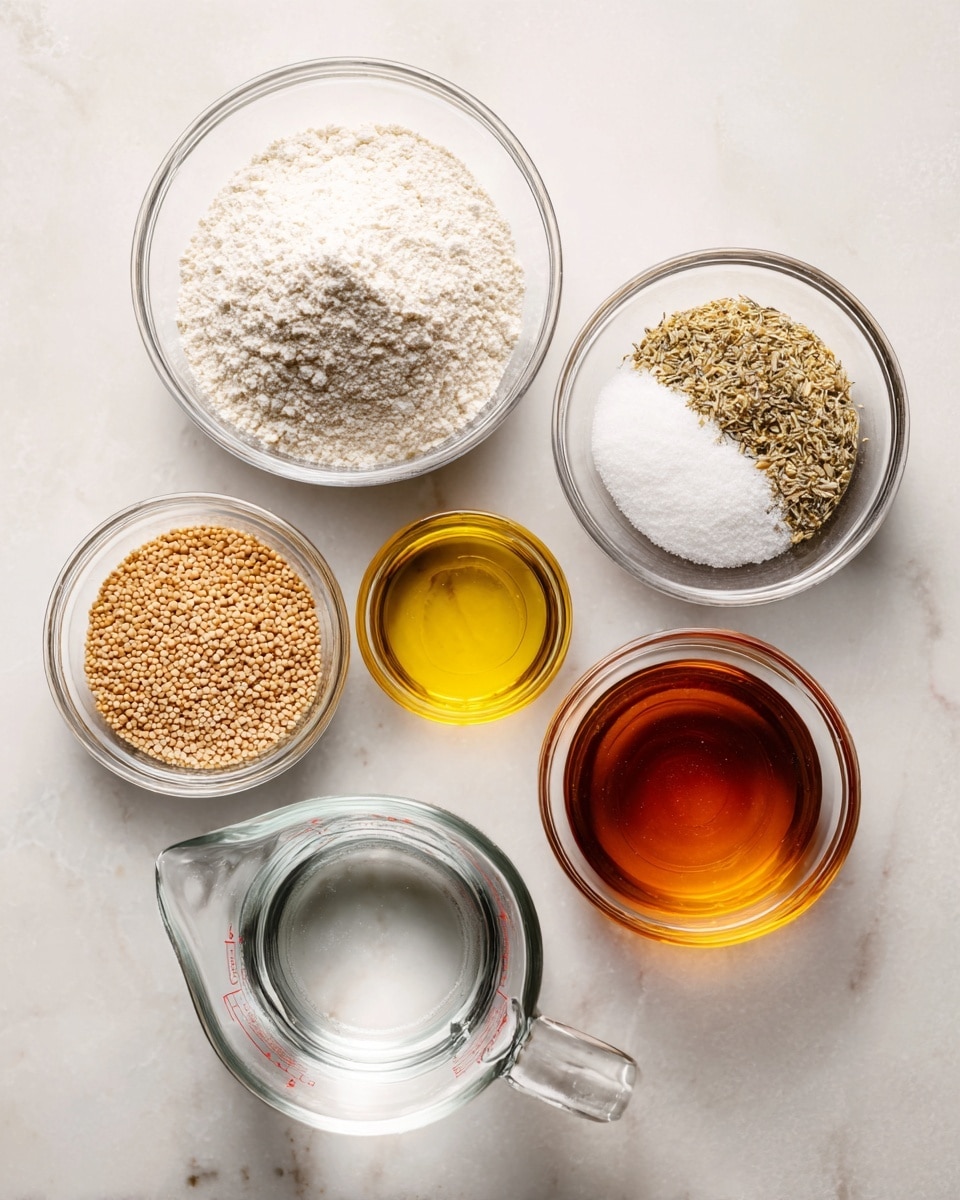Five small clear glass bowls and one clear glass measuring cup are placed on a white marbled surface. The top bowl contains a white powdery flour with a soft texture. To the right, a bowl holds a mix of coarse dried herbs, white salt, and baking powder. The bowl at the bottom left is filled with small, round, beige seeds that have a smooth texture. Next to it, a bowl has yellow olive oil with a shiny surface. The bowl on the right is filled with amber-colored honey with a smooth, thick texture. The bottom measuring cup is filled with clear water. All containers are arranged evenly, with soft natural lighting. Photo taken with an iphone --ar 4:5 --v 7