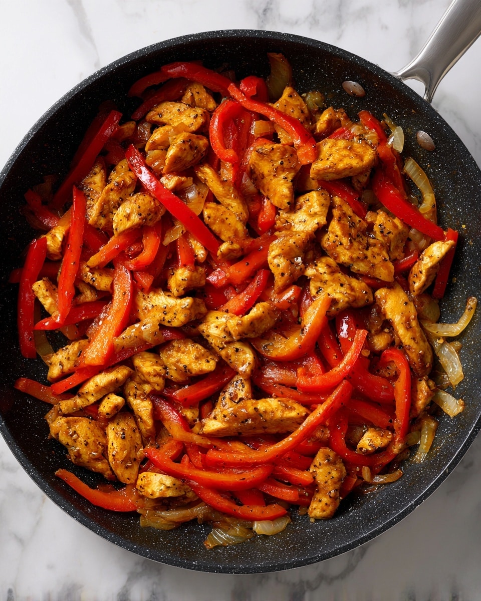 The image shows a black pan filled with cooked food consisting of three main layers: the top layer is bright red bell pepper strips, evenly spread throughout the pan; the middle layer is golden-brown pieces of cooked chicken scattered between the peppers; the bottom layer has small pieces of translucent cooked onions, visible beneath the chicken and peppers, adding texture. The food looks slightly shiny and seasoned with small black specks, indicating spices. The pan sits on a white marbled surface. Photo taken with an iphone --ar 4:5 --v 7