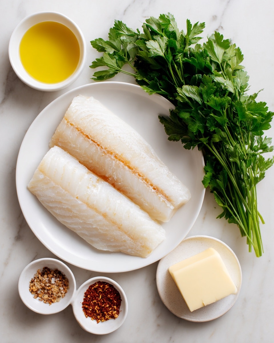 Two white fish fillets with a pale, slightly shiny texture and a light brown line in the middle lie on a white plate, positioned side by side. Around the plate on the white marbled surface, there is a small white bowl filled with bright yellow oil, placed at the top left, next to a bunch of fresh green parsley leaves. To the right of the parsley, a small white bowl contains a single square of pale yellow butter, and below that, another small white bowl holds a mix of brown and orange spices. Photo taken with an iphone --ar 4:5 --v 7