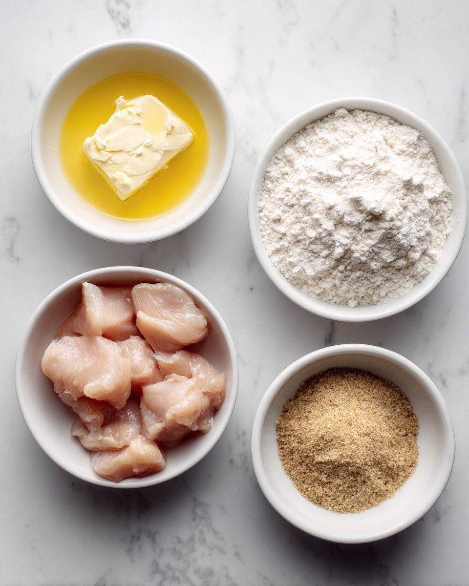 The image shows four white bowls on a white marbled surface. The top left bowl contains melted yellow butter with a small white patch of cream on top, with a shiny, smooth texture. The top right bowl is filled with fine white flour, appearing powdery and soft. The bottom left bowl holds raw pale pink chicken chunks with a moist and tender look. The bottom right bowl has a light brown dry spice mix with a slightly grainy texture and a small clump in the middle. Photo taken with an iphone --ar 4:5 --v 7