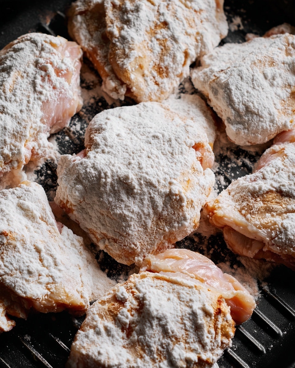 The image shows several pieces of raw chicken coated with a thick layer of white flour, arranged closely together on a black grill pan. The chicken pieces have a pale pinkish color showing through some parts of the flour. The flour layer is uneven and powdery, covering the surface of each piece but revealing some brownish spots on the chicken skin. The grill pan has slits that let you see through the dark surface beneath the chicken pieces. The chicken pieces vary in size and shape, with some edges covered heavily in flour and others less so. photo taken with an iphone --ar 4:5 --v 7