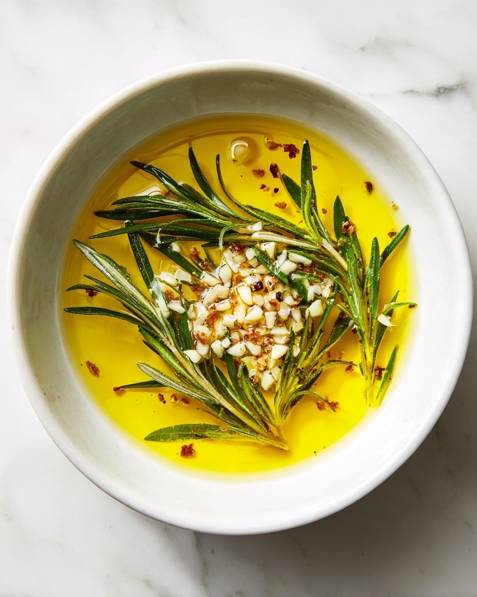 A white bowl on a white marbled surface holds a mixture with three visible layers: a base of golden oil that glistens and spreads evenly, small light brown minced garlic pieces scattered mainly in the center, and fresh green rosemary sprigs placed on top, providing contrast with sharp needle-like leaves. The lighting highlights the shiny texture of the oil and the roughness of the garlic bits, all viewed from above, showing the bowl’s smooth white interior and rounded edges. photo taken with an iphone --ar 4:5 --v 7