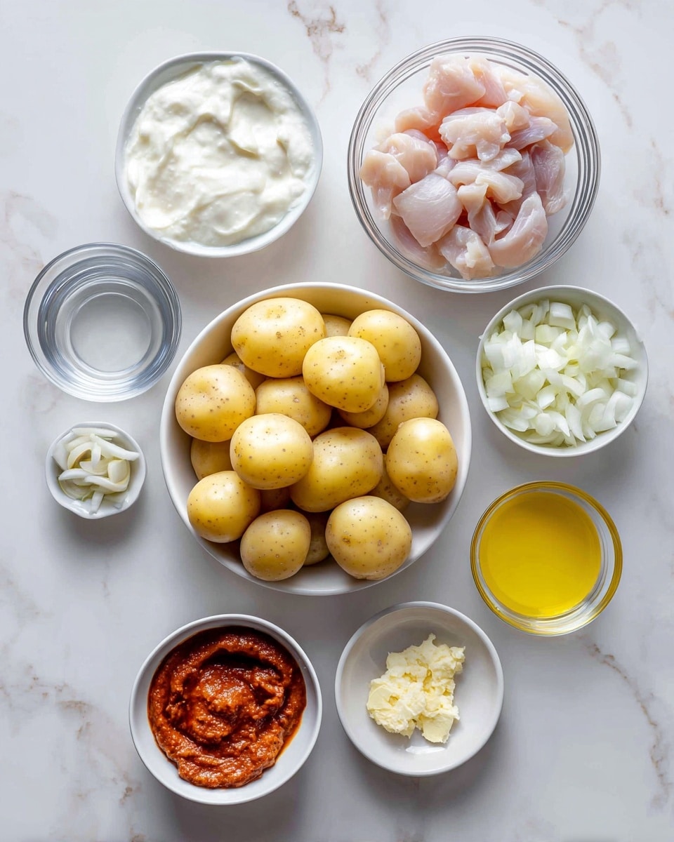The image shows a top view of several small bowls arranged on a white marbled surface. At the center is a white bowl filled with small round yellow potatoes. To the top right of it is a glass bowl with raw, light pink sliced chicken pieces. Above and to the left, there is a white bowl containing thick white yogurt or cream. Below and to the left of the potatoes, a small white bowl holds chopped white onions. To the right edge, a small white bowl contains yellow olive oil. Below the oil, a small clear glass bowl has a dollop of crushed garlic or ginger. At the bottom center, a small white bowl contains thick orange-red sauce or paste. Finally, another small white bowl with water is placed to the bottom left. photo taken with an iphone --ar 4:5 --v 7