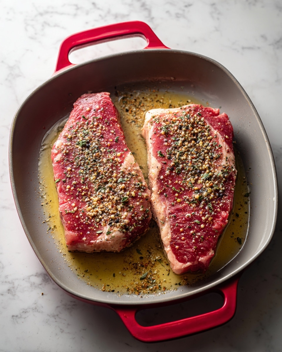 The image shows two raw pieces of red meat placed side by side in a gray pan with red handles. Each meat piece is seasoned with a mix of coarse spices, herbs, and what looks like black pepper sprinkled evenly on top. There is a layer of light yellow oil surrounding the meat, filling the bottom of the pan. The pan is set on a white marbled surface with soft natural lighting highlighting the texture of the meat and spices. photo taken with an iphone --ar 4:5 --v 7