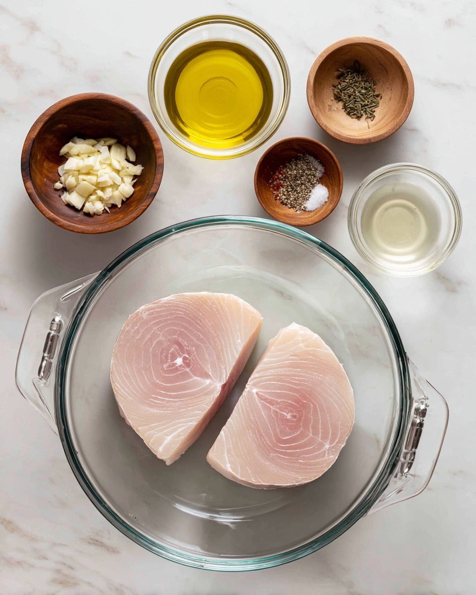 Two thick raw swordfish steaks with light pink and white rings sit side by side in a clear round glass pan with handles on each side. Above the pan, four small glass and wooden bowls hold ingredients: finely chopped garlic and dried herbs in a wooden bowl on the left, a small glass bowl of light yellow oil in the middle, another wooden bowl with coarse salt and cracked black pepper on the right, and a small glass bowl with a pale liquid, likely lemon juice, next to it. All items rest on a white marbled surface. Photo taken with an iphone --ar 4:5 --v 7